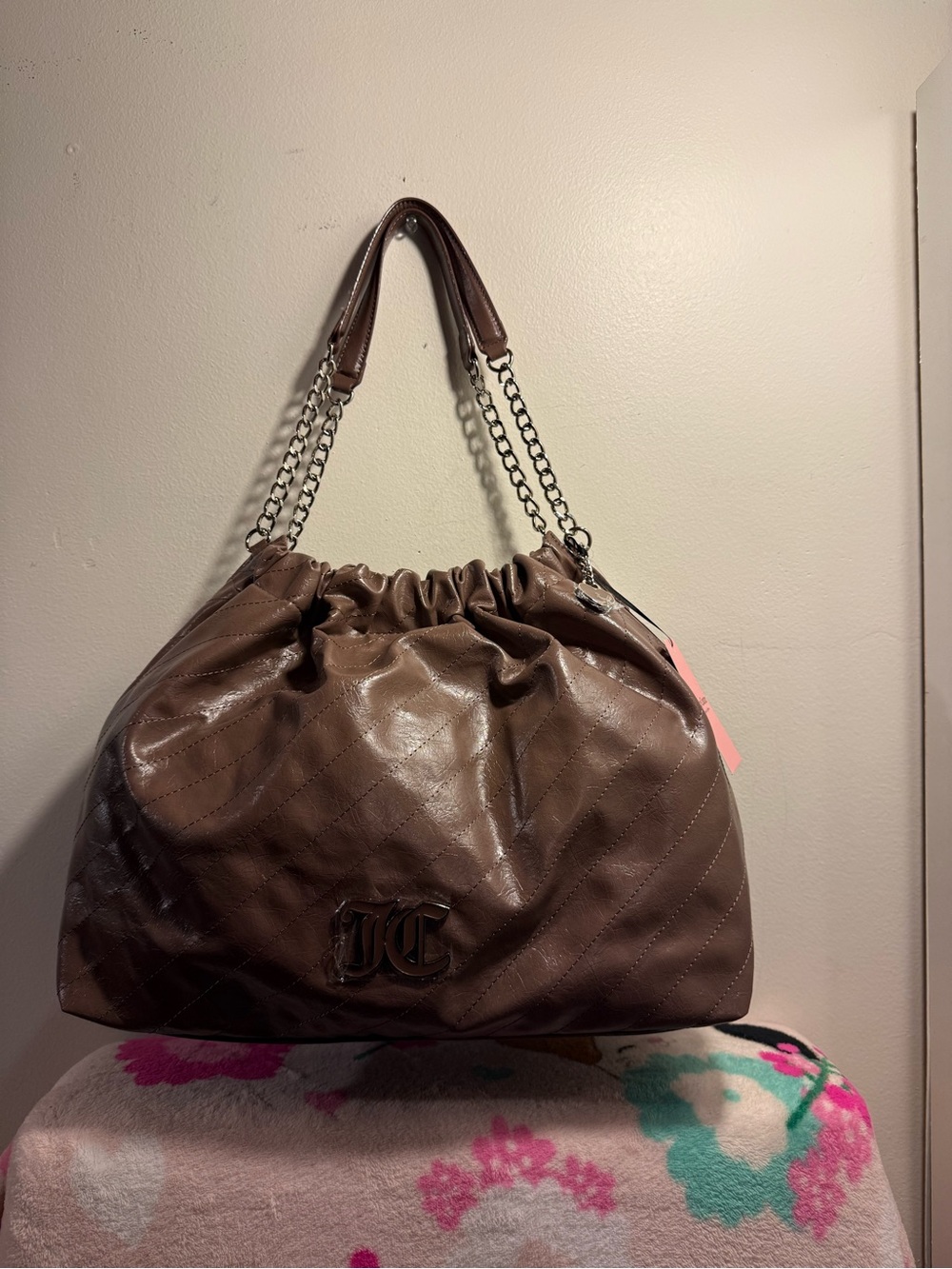 Juicy Couture Soft Spoken Tote bag color iced coffee with silver chain NWT